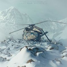 a helicopter that is sitting on top of some snow covered ground with mountains in the background