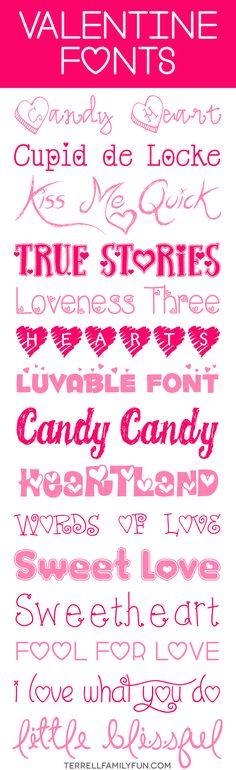 valentine's day font and numbers are shown in pink, red, and white