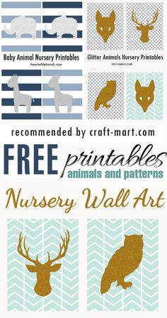 an animal themed nursery wall art printable is shown in gold, blue and white