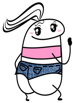 a drawing of a cartoon character with long hair and big eyes, wearing blue shorts