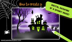 an image of a halloween scene with the words how to create a digital drawing of a spook house