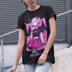 "Introducing our captivating 90's Anime Pastel Gothic Girl T-Shirt, a seamless blend of y2k and pastel gothic aesthetics, perfect for Japanese streetwear aficionados. This oversized tee, available in plus sizes, effortlessly combines comfort and style. Whether you're expressing your unique fashion sense or searching for an exceptional gift, this shirt radiates pastel gothic charm, making a statement wherever you go. 🌟 \"Devil's heart, complex darkness and light.\" in Japanese in the design! 💖Order 1 to 2 sizes up if you want a more oversized look. 💖Please note that the pictures provided are for design showcase purposes only, as each individual's unique charm brings a distinct look to the product. 💖Kindly be aware that this product is non-returnable, so we encourage you to double-check Pastel Goth Anime, Anime Pastel, Goth Anime, Streetwear Japanese, Gothic Elements, Gothic Girl, Pastel Goth Fashion, Streetwear Grunge, Harajuku Streetwear