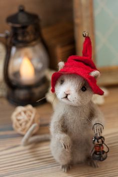 a small stuffed animal wearing a red hat