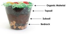 a plastic cup filled with different types of food and labeled in the top portion, bottom portion