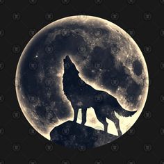 a wolf standing on top of a rock in front of the moon