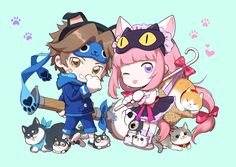 two anime characters are standing next to each other with cats and kittens around them