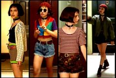 four different pictures of women in short shorts and jackets, one wearing a colorful shirt