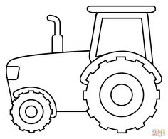 a black and white drawing of a tractor with the front wheels facing forward on a plain background