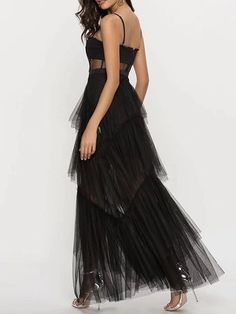 DIDA Tulle Dress in Black – ZCRAVE Layered Ruffle Dress, Cut Out Maxi Dress, Tulle Maxi Dress, Cocktail Bars, Cocktails Bar, Trumpet Dress, Romantic Dinner, Solid Color Dress, Ruched Dress