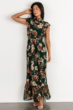 The gorgeous Kearny Ruffle Maxi Dress in Dark Green Floral is perfect for all seasons! The beautiful flow of the material combined with the smocked high neckline will have you feeling sophisticated and whimsical at the same time. Dark Green Floral Dress, Maxi Dress Dark, Green Chiffon Dress, Dark Floral Dress, January Wedding, Dark Green Dress, Church Fashion, Destination Dress, Embellished Maxi Dress