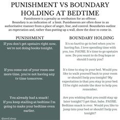 an advertisement for a bedtime routine with the words, punishment vs boundary holding at bedtime