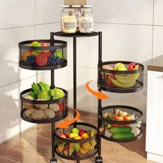 Multi-Layer Rotating Storage Rack Vegetable Storage Bin, Vegetable Rack, Tiered Fruit Basket, Basket Drawers, Kitchen Basket Storage, Fruit And Vegetable Storage, Pantry Organizers, Kitchen Baskets, Vegetable Storage