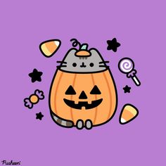 a cartoon cat sitting on top of a pumpkin