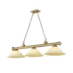 three lights hanging from the ceiling in an old fashioned brass finish with frosted glass shades