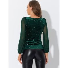 Made of 97% Polyester and 3% Spandex, the Allegra K Women's Square Neck Glitter Star Pattern Long Sleeve Velvet Top is soft and stylish. It features a square neckline, stars pattern, and mesh panel long sleeves, making it perfect for spring and fall. Suitable for various occasions such as dates, parties, night outs, vacations, and Christmas. The blouse is machine washable in cold water with like colors. Perfect for adding a touch of glamour to your wardrobe. Sheer Long Sleeve Top, Velvet Tank Top, Stars Pattern, Sheer Long Sleeve, Velvet Blouses, Puff Long Sleeves, Glitter Stars, Star Pattern, Velvet Tops