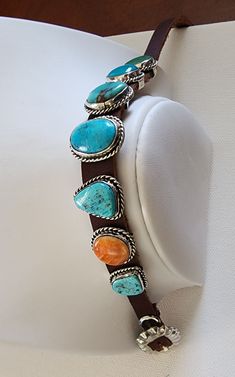 Leather conchal belt bracelet turquoise and spiny oyster shell Navajo handmade Navajo Belt, Turquoise Concho Cuff Bracelet Gift, Southwestern Blue Concho Bracelets, Turquoise Concho Belt, Vintage Turquoise Belt With Concho, Southwestern Adjustable Multi-stone Bracelets, Turquoise Belt, Concho Belt, One-of-a-kind Southwestern Turquoise Jewelry