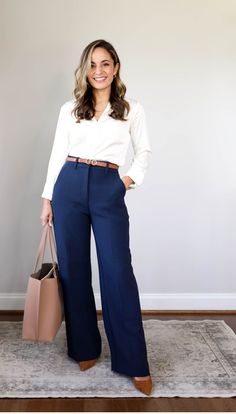 Business Casual Outfits Navy Pants, Navy Blue And Tan Outfit, Blue Office Outfits Women, Blue Pants Work Outfit, Slacks Outfit Formal, Lawyer Outfits Women, Slacks Outfit, Corporate Girl, Pants Outfit Work