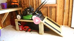 a room filled with lots of different types of tools on top of a wooden shelf