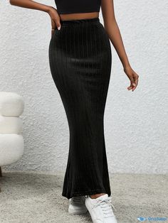 Orcajump - Solid Ribbed High Waist Skirt, Casual Ankle Length Bodycon Skirt, Women's Clothing Long Knit Skirt, Knit Skirt Outfit, Bodycon Maxi Skirt, Rok Outfit, Skirt Casual, Maxi Rok, Maxi Skirt Outfits, Rock Outfit, Skirt Maxi