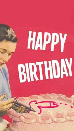 a woman cutting into a birthday cake with the words happy birthday written on it,