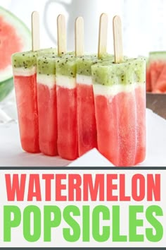 Several frozen watermelon popsicles standing in a row on a plate next to a watermelon cut in half. Diy Watermelon Popsicles, Watermelon Cream Popsicles, Homemade Watermelon Popsicles, Easy Summertime Desserts, Vegan Popsicle Recipes, Jello Popsicle Recipes, Things To Make With Watermelon, Cold Treats For Summer, Popsicle Mold Recipes