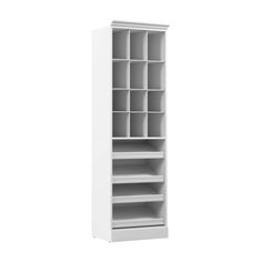 a white bookcase with many compartments on it's sides and one shelf in the middle