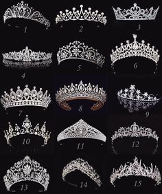 various tiaras and crowns are shown in this image, with the number one on each side