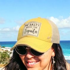 Vintage distressed trucker cap "If You're Going To Be Salty Bring The Tequila" Yellow distressed, cotton/polyester blend, mesh back. One size fit most, with an adjustable snapback strap. Unisex cap. Distressed Trucker Baseball Cap, Yellow Adjustable Trucker Hat With Letter Print, Distressed Trucker Hat For Outdoor, Yellow Trucker Hat For Outdoor, Yellow Letter Print Trucker Hat, Distressed Cotton Trucker Hat, Distressed Adjustable Trucker Hat, Adjustable Distressed Trucker Hat, Yellow Trucker Hat With Letter Print