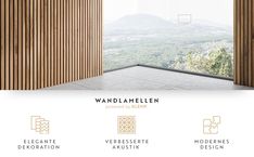 an advertisement for a wood paneled building with mountains in the background