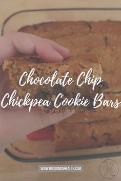 chocolate chip chickpea cookie bars in a glass baking dish with text overlay