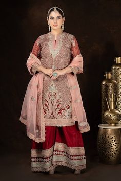 Red full sleeves A-line kurta with all over persian jaal embroidery using dori, thread and sequin highlights. Paired with a matching fleur embroidered palazzo and a contrasting baby pink scallop border fleur motif embroidered organza dupatta. - Aza Fashions Jaal Embroidery, Kurta Palazzo Set, Scallop Border, Women Kurta, A Line Kurta, Palazzo Set, Embroidered Organza, Straight Kurta, Organza Dupatta