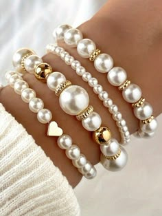 Temperament Fashion Imitated Pearl Stackable Layered Bracelets Statement Big Large Faux Pearl Bead Heart Bangle White Round Pearl Seed Bracelets For Women Girls Jewelry | SHEIN USA Beaded Jewelry White, Cute Pearl Jewelry, Beaded Bracelets Charms, Navajo Pearl Bracelet, Big Beads Bracelets, Beads Ideas Jewelry, White And Gold Bracelet, Bead And Wire Jewelry, Seed Bracelets