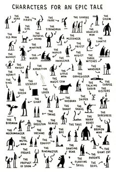 an old poster with different types of people and animals in black ink on white paper