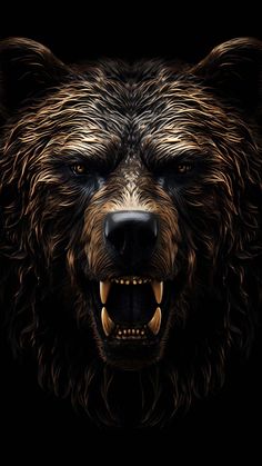 a close up of a bear's face on a black background