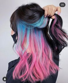 Oil Spill Hair Color, Peekaboo Dyed Hair, Pink And Teal Hair, Half And Half Hair Color, Two Tone Hair Color Ideas, Peekaboo Hair Color, Pink Hair Ideas, Hidden Hair Color