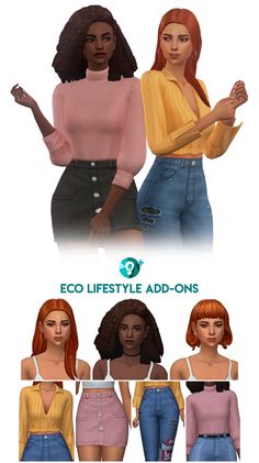 three different types of female avatars with long hair and short sleeves, all in different colors