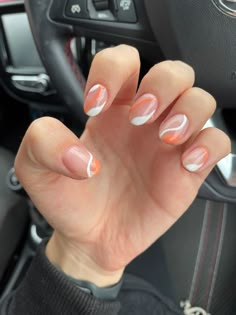 Orange and White Swirl Almond Shaped Acrylic Nails Cute Short Nails Swirl, Orange Swirl Nail Designs, White And Orange Swirl Nails, Orange And White Prom Nails, Short Nails Swirl, Homecoming Acrylic Nails, White And Orange Nails Acrylic, Swirl Short Nails, Autumn Shellac Nails