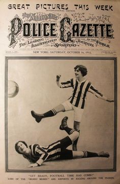 the front page of an old newspaper with a man kicking a soccer ball