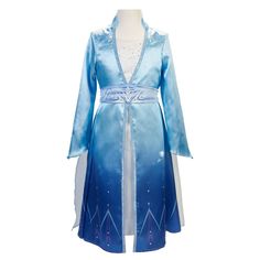 a blue and white dress with an ice princess costume on it's chest, in front of a white background