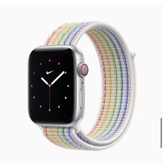 an apple watch with colorful bands on the front and side, next to it's logo