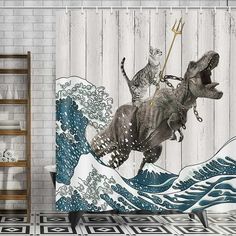 a cat riding on the back of a dinosaur in front of an ocean wave shower curtain