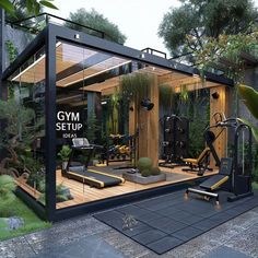 the gym setup is designed to look like a house