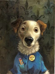 a painting of a dog wearing a blue shirt with a good boy sticker on it's collar