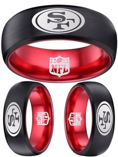 San Francisco 49ers Ring #sanfrancisco #49ers #sf49ers #sanfrancisco49ers #nfl Made of HIGH-QUALITY Jewelry Grade Tungsten Carbide Resistant to normal wear and tear, scratching, fading, corrosion, and deformation Precision Laser etching 8mm width comfort band Red Wedding Ring, Dallas Cowboys Rings, Green Wedding Rings, Black Red Wedding, Black Tungsten Wedding Band, Ring Logo, Kobe Bryant Black Mamba, Red Ring, Red Rings