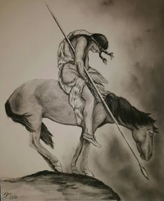 a pencil drawing of a native american man riding a horse with a spear in his hand