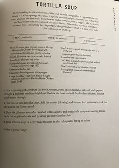 an open book with instructions on how to make tortilla soup