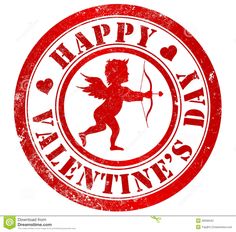 happy valentine's day rubber stamp with cupid holding bow and arrow on white background