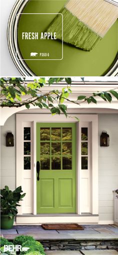 a green door with the words fresh apple painted on it and an image of a house