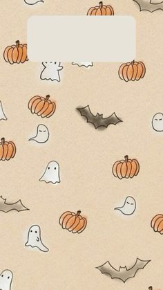 halloween themed wallpaper with pumpkins, ghost and bats