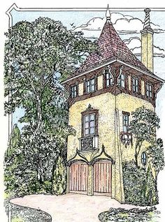 a drawing of a house in the woods